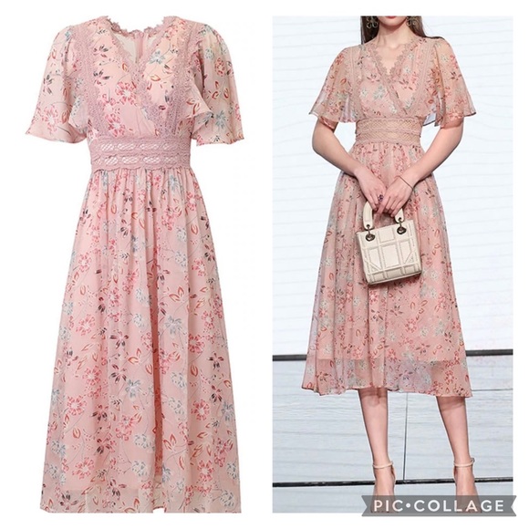 ✨SOLD✨ Lai Meng Five Cats Midi chiffon Dress Pink Flower Floral Elegant V neck - Picture 10 of 10